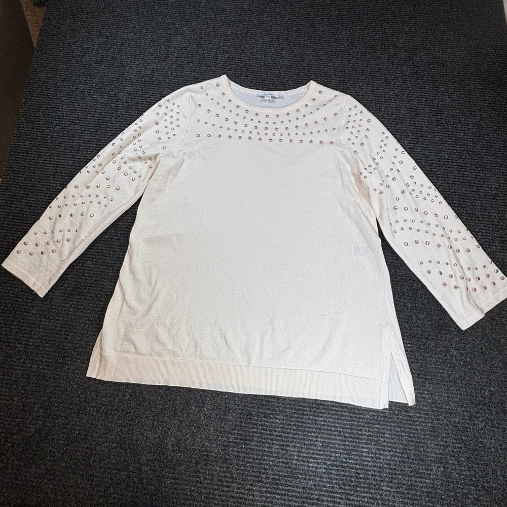 Chicos Studded Yoke Long Sleeve Sweater Cream Ivory Rayon Blend Size 2 Large